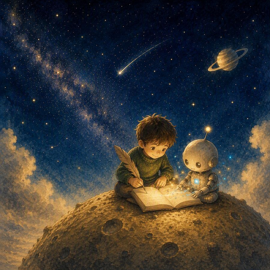 星空の下、ノートに一緒に書き込む少年とロボットのイラスト